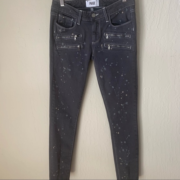 HP🎉 PAIGE Edgemont Grey Zip Paint Splatter Skinny Jeans Size 27 - Picture 4 of 15